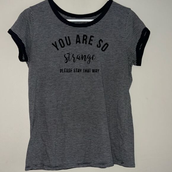 “You’re so strange, please stay that way” striped short sleeve T-shirt - Picture 1 of 6